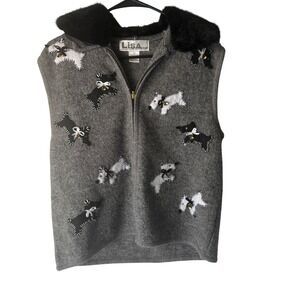 Lisa Vintage 90s Grey Wool Vest Black Fur Collar Scotty Dog Novality Preppy Twee